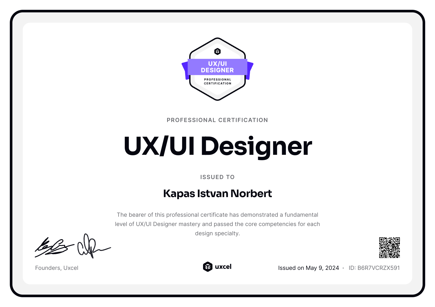 Kapas Istvan Norbert's certificate